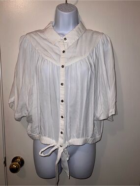 Free People White Button-Front Tie-Hem Blouse
